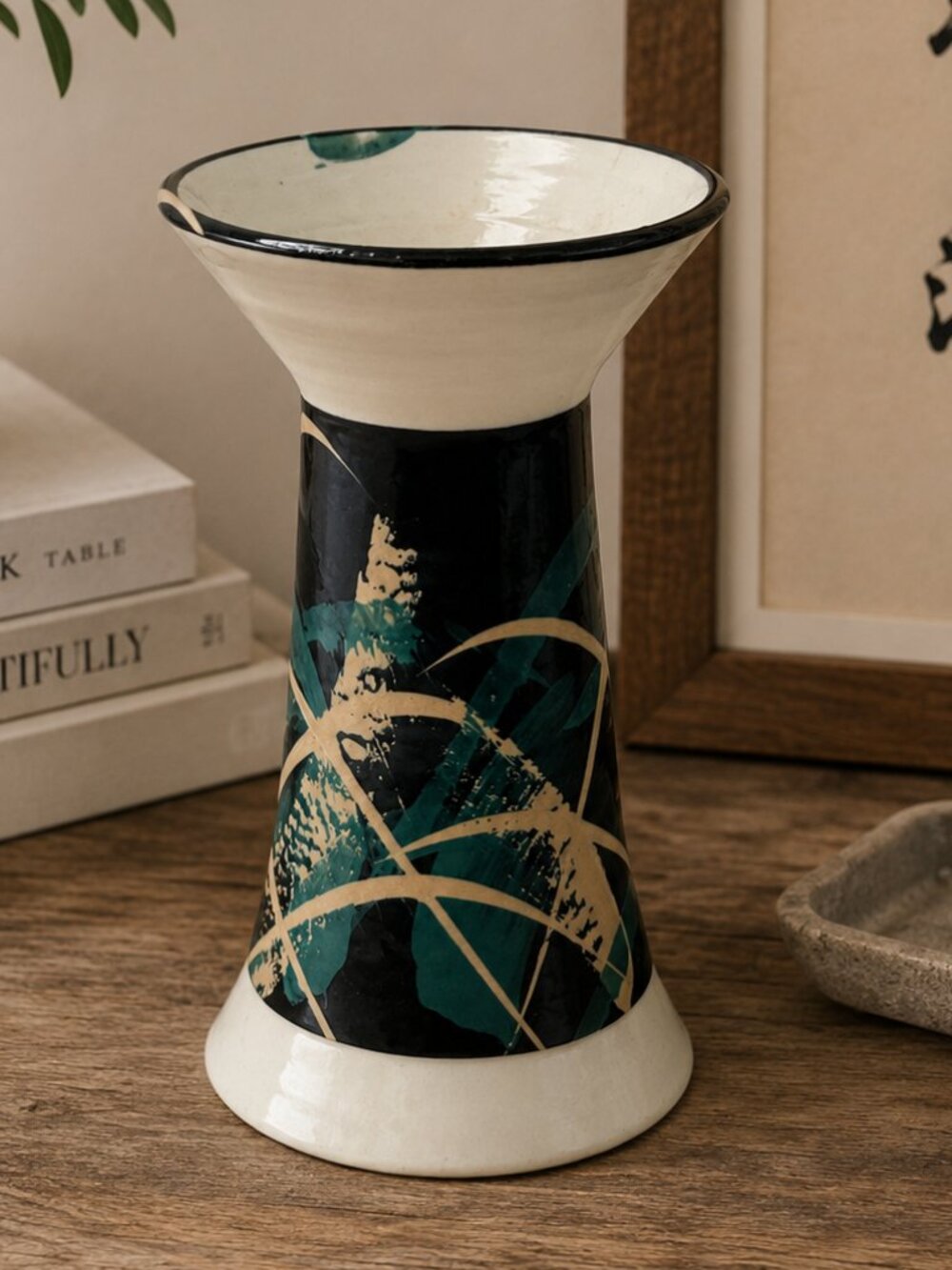 Signed Studio Art Pottery Vase Abstract Teal Black Cream Hand Thrown Ceramic 8"